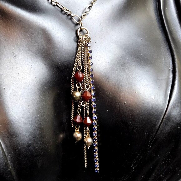 Boho Tassel Fashion Necklace Gold Brass Tone Brown Beads Blue Rhinestones 28" - Picture 2 of 7